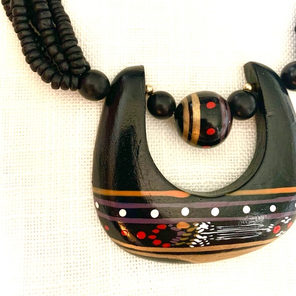 Vintage Art Necklace Multi Strand Beaded Large painted pendant Black Red Gold - Picture 3 of 12